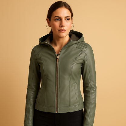 Woman wearing a hooded jacket for women with a regular fit, removable hood, and gold tone details, styled for casual and smart casual looks.
