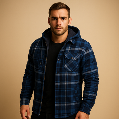 Men’s hooded puffer jacket with classic design, providing warmth, wind resistance, and comfort for cold winter days.