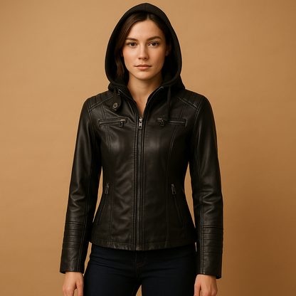 Woman wearing a hooded tailored coat for women with a removable knitted hood and double zipper, styled for city wear and cooler seasons.