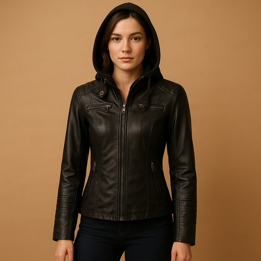 Woman wearing a hooded tailored coat for women with a removable knitted hood and double zipper, styled for city wear and cooler seasons.