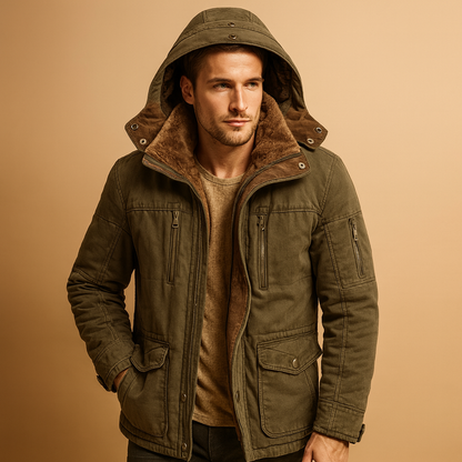 Men’s hooded winter coat with thick insulation and a classic design, suitable for daily wear and outdoor activities during cold winter days.