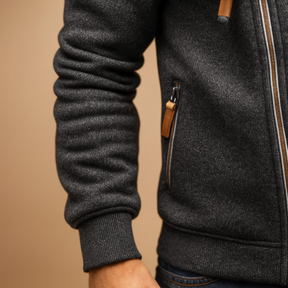 Men’s hooded zip cardigan with warm comfortable fit, modern design, and practical pockets for autumn and winter wear.