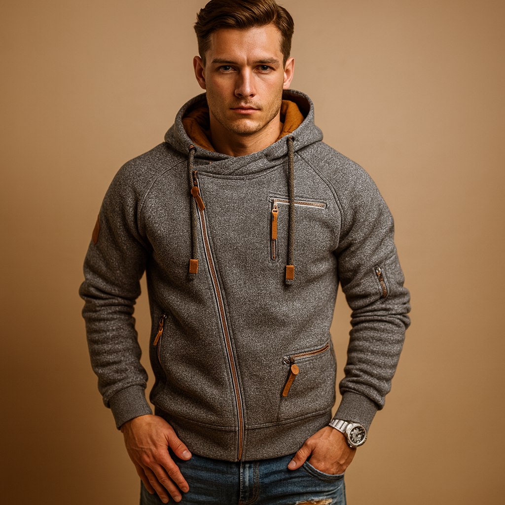 Men’s hooded zip cardigan with warm comfortable fit, modern design, and practical pockets for autumn and winter wear.