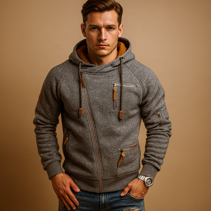 Men’s hooded zip cardigan with warm comfortable fit, modern design, and practical pockets for autumn and winter wear.