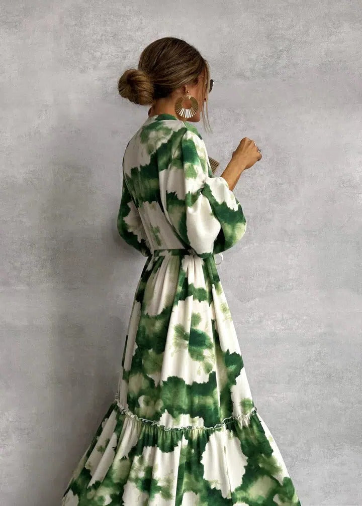 Women's Long Sleeve Maxi Dress Tiered Belted Tie Dye - Vonnera