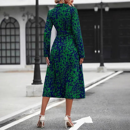 Women's Abstract Print Midi Shirt Dress Cotton Belted