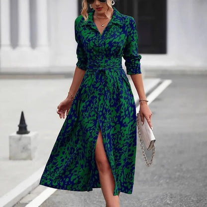 Women's Abstract Print Midi Shirt Dress Cotton Belted
