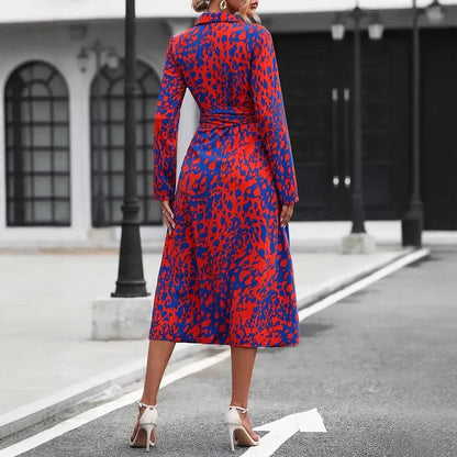 Women's Abstract Print Midi Shirt Dress Cotton Belted