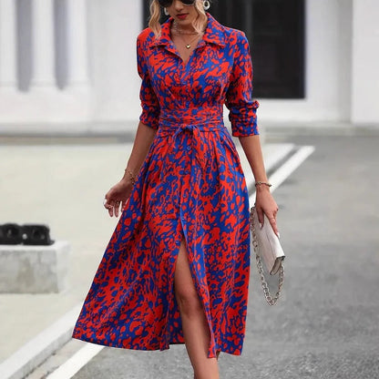 Women's Abstract Print Midi Shirt Dress Cotton Belted - Vonnera