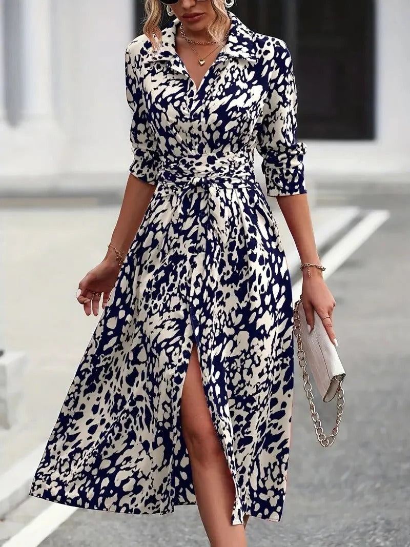Women's Abstract Print Midi Shirt Dress Cotton Belted