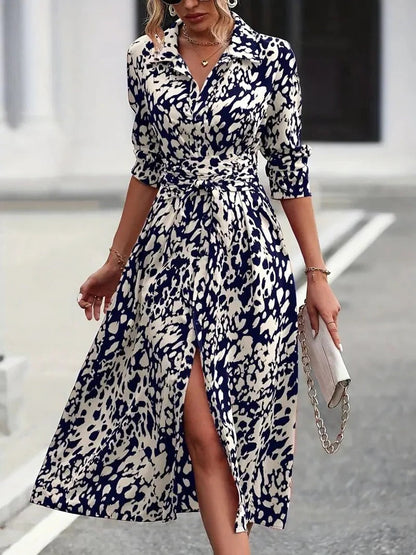Women's Abstract Print Midi Shirt Dress Cotton Belted