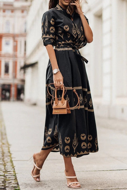Women's Boho Print Midi Dress Belted - Vonnera