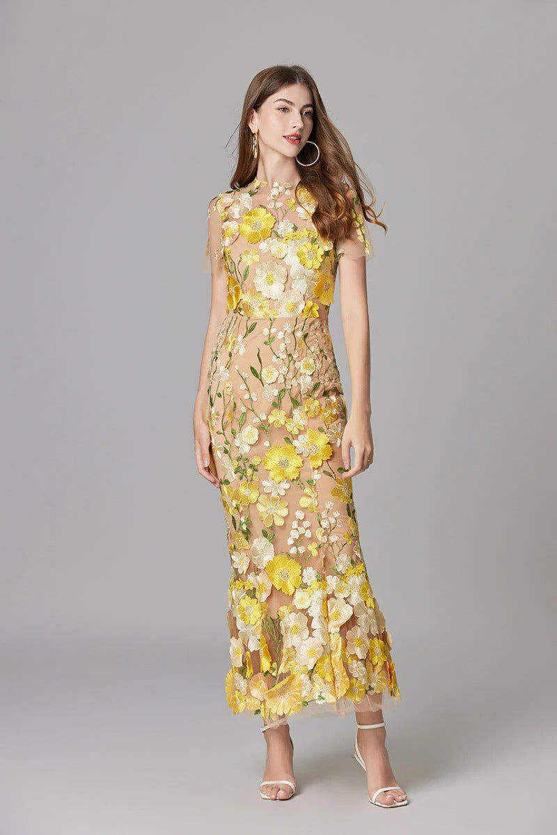 Women's Sheer Mesh Sleeveless Maxi Dress Floral Appliqué