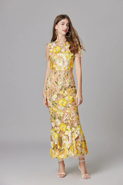 Women's Sheer Mesh Sleeveless Maxi Dress Floral Appliqué