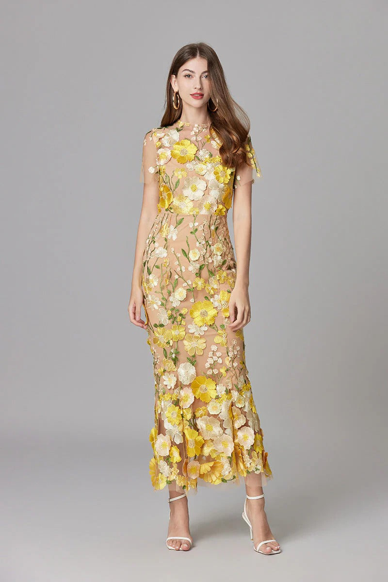 Women's Sheer Mesh Sleeveless Maxi Dress Floral Appliqué