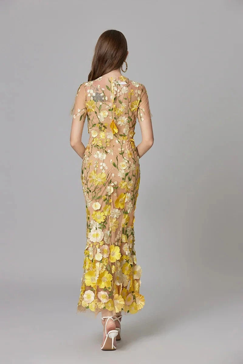 Women's Sheer Mesh Sleeveless Maxi Dress Floral Appliqué