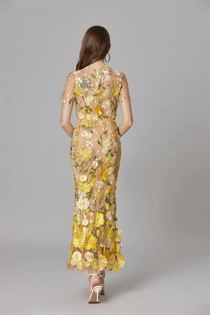 Women's Sheer Mesh Sleeveless Maxi Dress Floral Appliqué