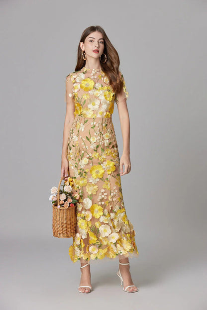 Women's Sheer Mesh Sleeveless Maxi Dress Floral Appliqué