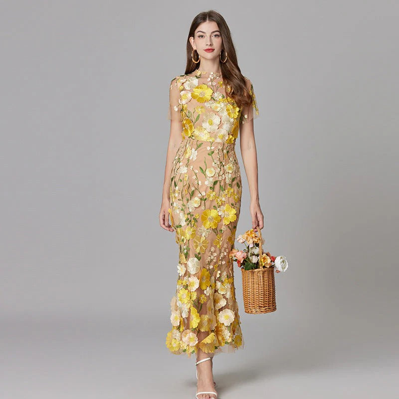 Women's Sheer Mesh Sleeveless Maxi Dress Floral Appliqué - Vonnera