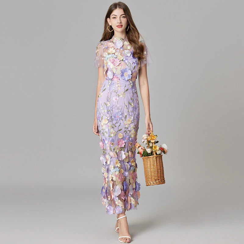 Women's Sheer Mesh Sleeveless Maxi Dress Floral Appliqué