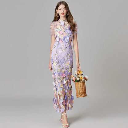 Women's Sheer Mesh Sleeveless Maxi Dress Floral Appliqué