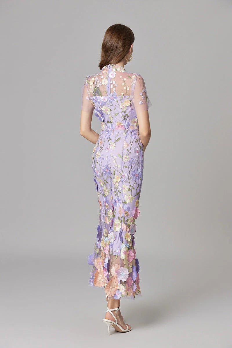 Women's Sheer Mesh Sleeveless Maxi Dress Floral Appliqué