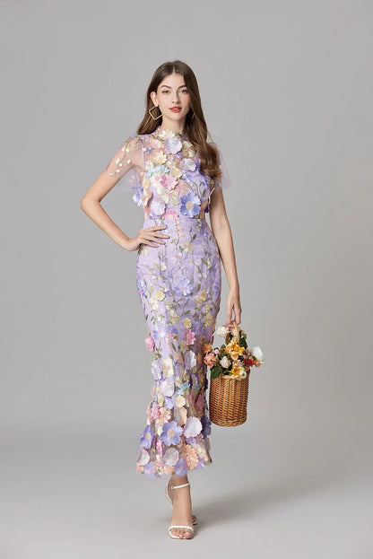 Women's Sheer Mesh Sleeveless Maxi Dress Floral Appliqué