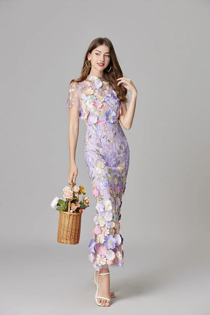 Women's Sheer Mesh Sleeveless Maxi Dress Floral Appliqué