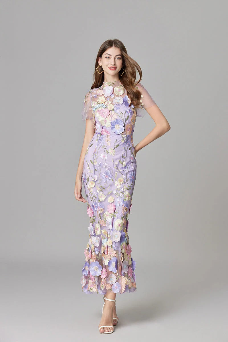 Women's Sheer Mesh Sleeveless Maxi Dress Floral Appliqué