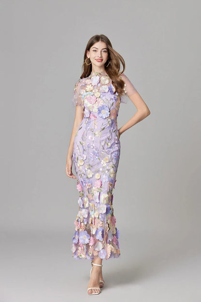 Women's Sheer Mesh Sleeveless Maxi Dress Floral Appliqué