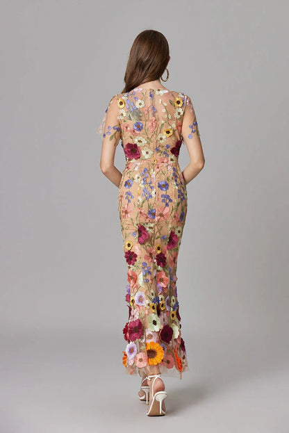 Women's Sheer Mesh Sleeveless Maxi Dress Floral Appliqué