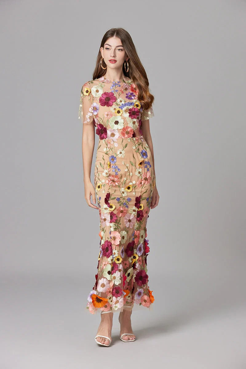 Women's Sheer Mesh Sleeveless Maxi Dress Floral Appliqué