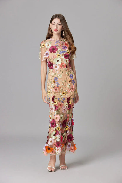 Women's Sheer Mesh Sleeveless Maxi Dress Floral Appliqué
