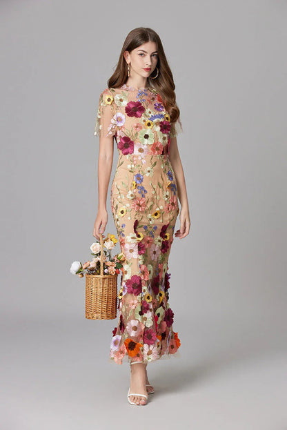 Women's Sheer Mesh Sleeveless Maxi Dress Floral Appliqué