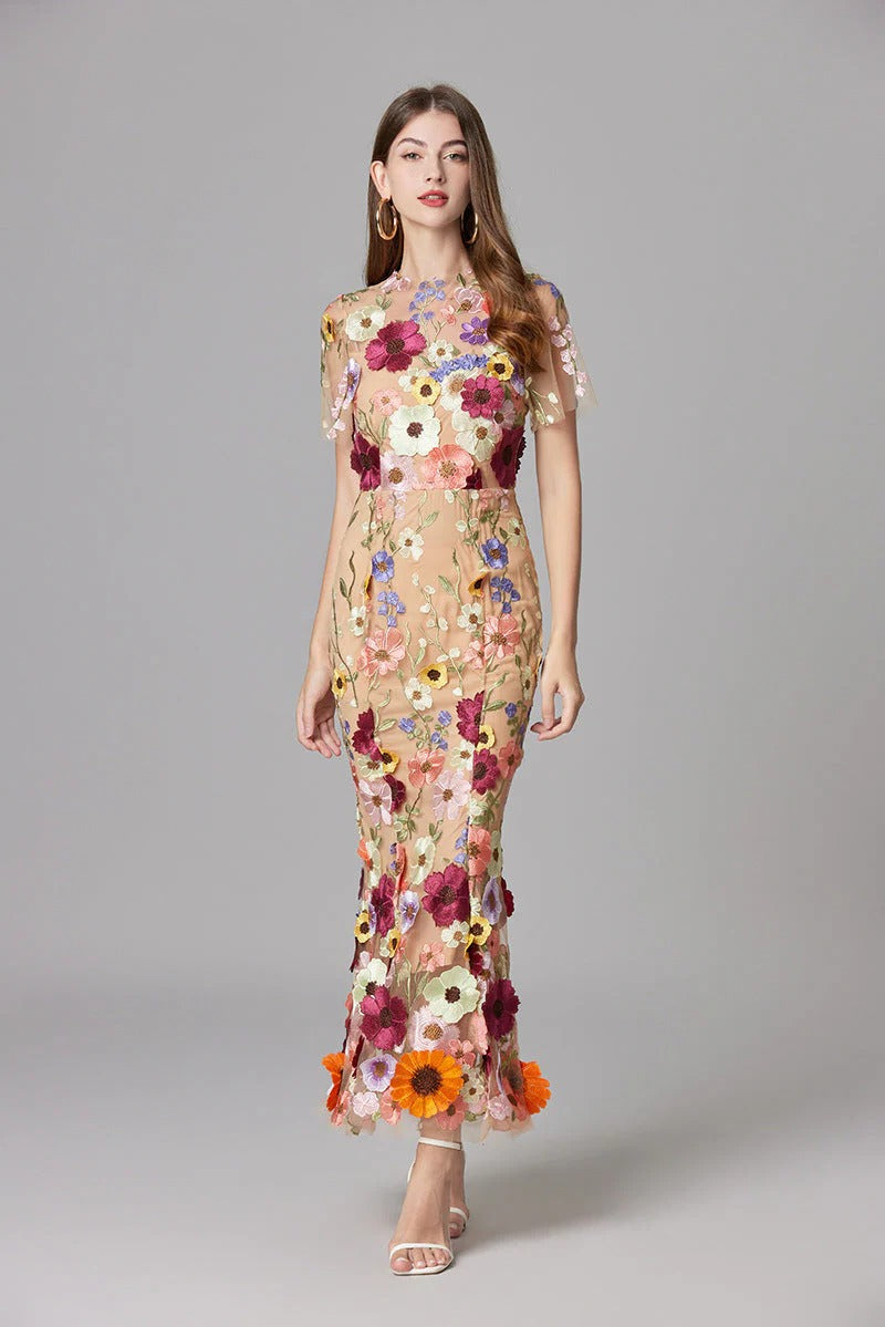 Women's Sheer Mesh Sleeveless Maxi Dress Floral Appliqué