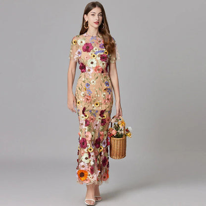 Women's Sheer Mesh Sleeveless Maxi Dress Floral Appliqué