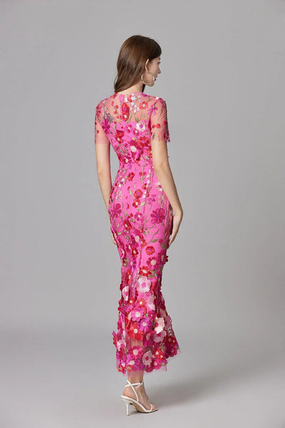 Women's Sheer Mesh Sleeveless Maxi Dress Floral Appliqué