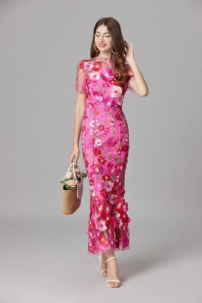 Women's Sheer Mesh Sleeveless Maxi Dress Floral Appliqué