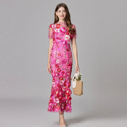 Women's Sheer Mesh Sleeveless Maxi Dress Floral Appliqué