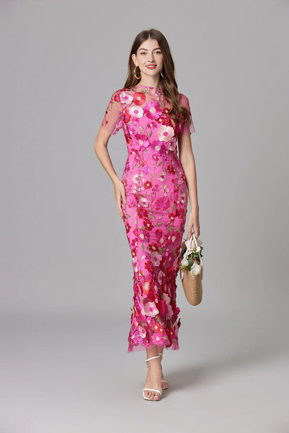 Women's Sheer Mesh Sleeveless Maxi Dress Floral Appliqué
