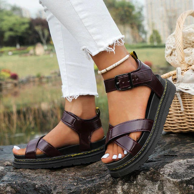 Women's Ankle Strap Sandals Platform Buckle Brown