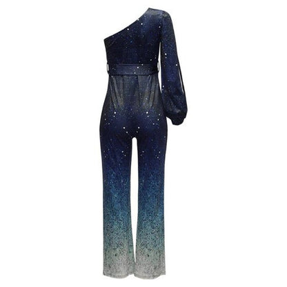 Women's Sequin Jumpsuit One Shoulder Ombre Flare Leg