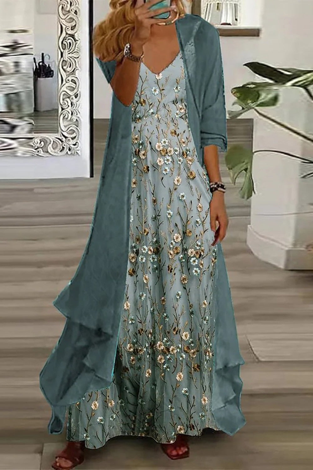 Women's Floral Maxi Dress Set V-Neck with Cardigan - Vonnera