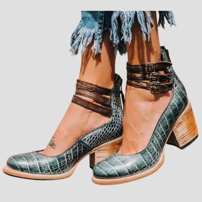Women's Block Heel Sandals Textured Buckle Strap