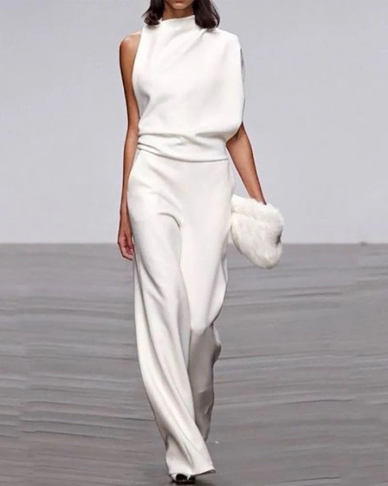 Women's Sleeveless Jumpsuit Wide Leg Mock Neck Ivory Formal - Vonnera