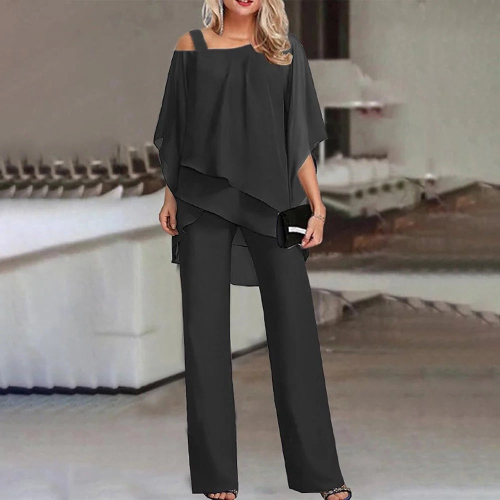 Women's Wide Leg Jumpsuit Chiffon Cold Shoulder Beige - Vonnera