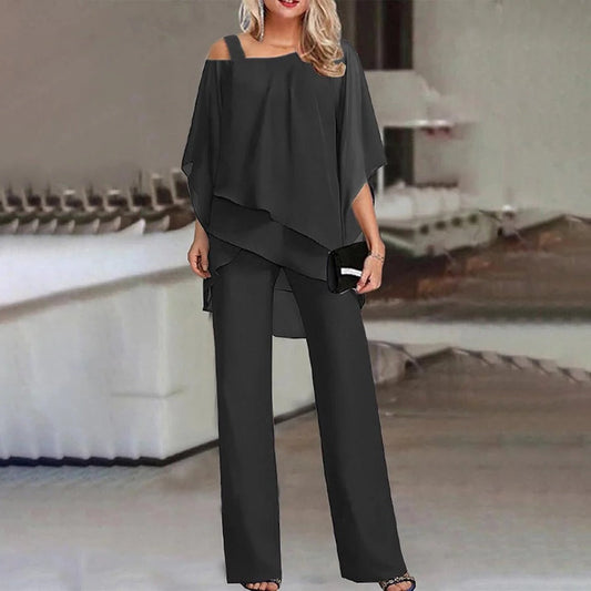 Women's Wide Leg Jumpsuit Chiffon Cold Shoulder Beige - Vonnera