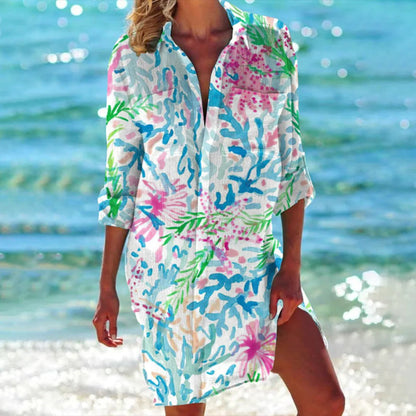 Women's Tropical Print Shirt Dress 3/4 Sleeve Beach Cover Up - Vonnera