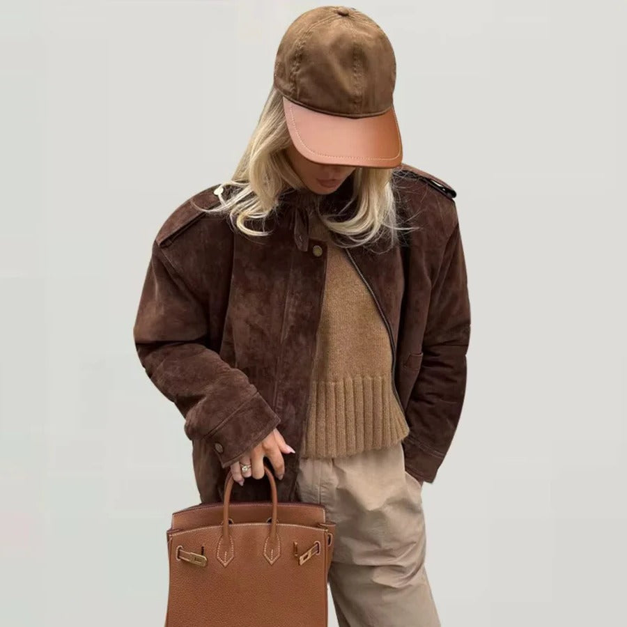 Women's Suede Jacket Comfortable Timeless Brown - Vonnera