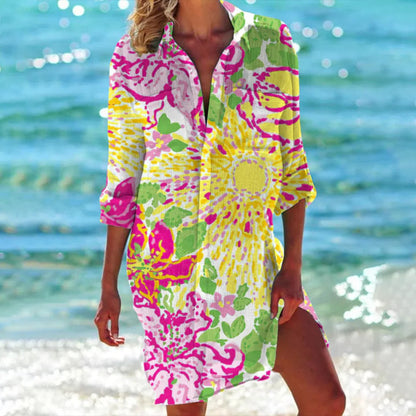 Women's Tropical Print Shirt Dress 3/4 Sleeve Beach Cover Up